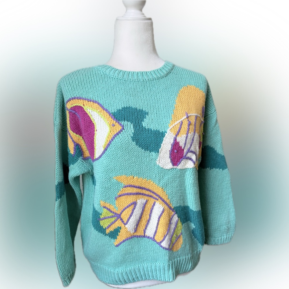 Vintage Rebecca Stone Colorful Fish Pattern Knitted Sweater Women’s Size Medium